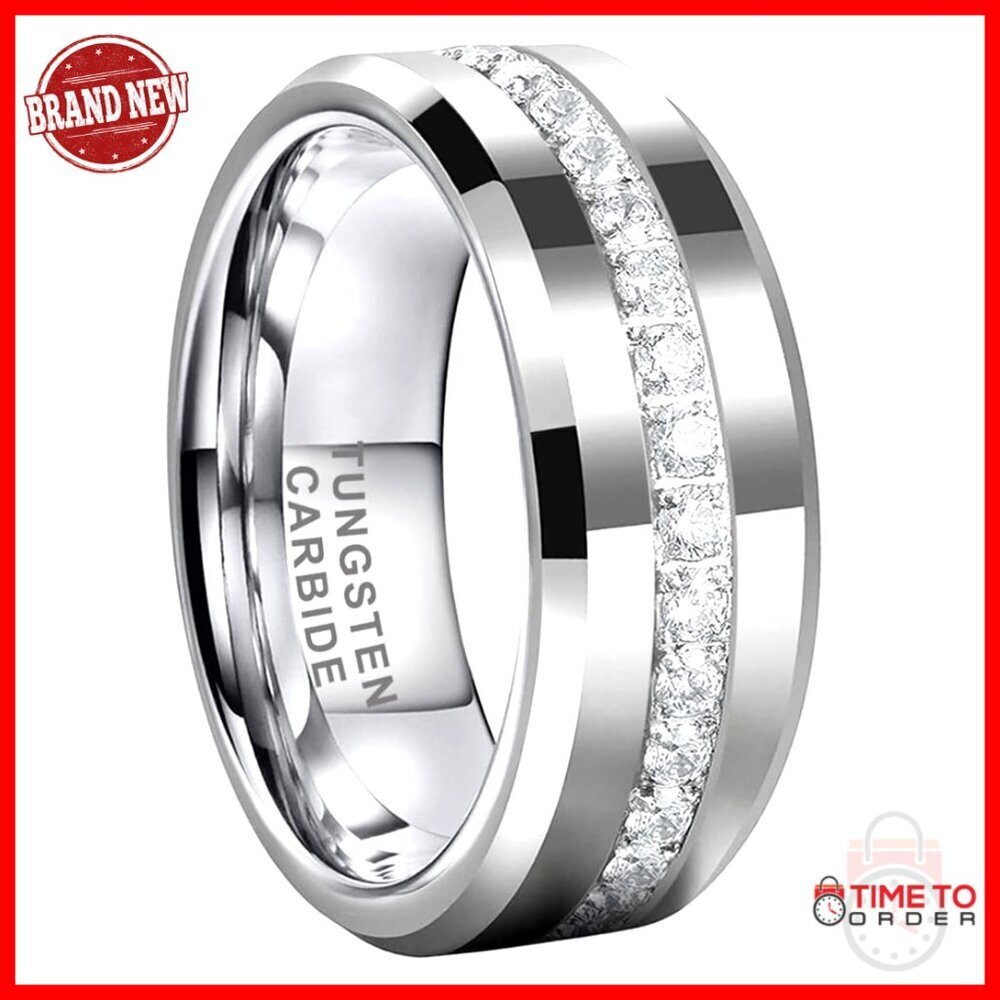 8mm Tungsten Wedding Band Comfort Fit Eternity Ring CZ Stone Inlay